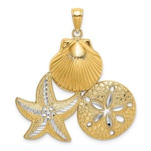 14k Yellow Gold Diamond-cut Scallop Starfish Sand Dollar Necklace Charm Pendant